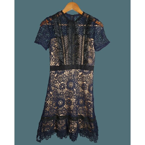 Aqua Floral Crochet Lace Feminine Chic Boho Navy/Black Lined Dress Women XS - Picture 8 of 14